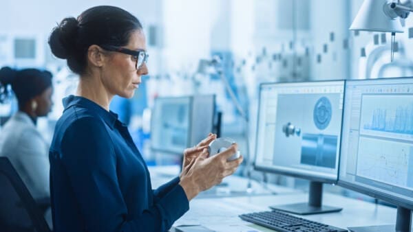 Engineer Working On Personal Computer Inspecting Industrial Model