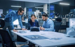Factory Office Meeting Room: Team Of Engineers Gather Around Conference