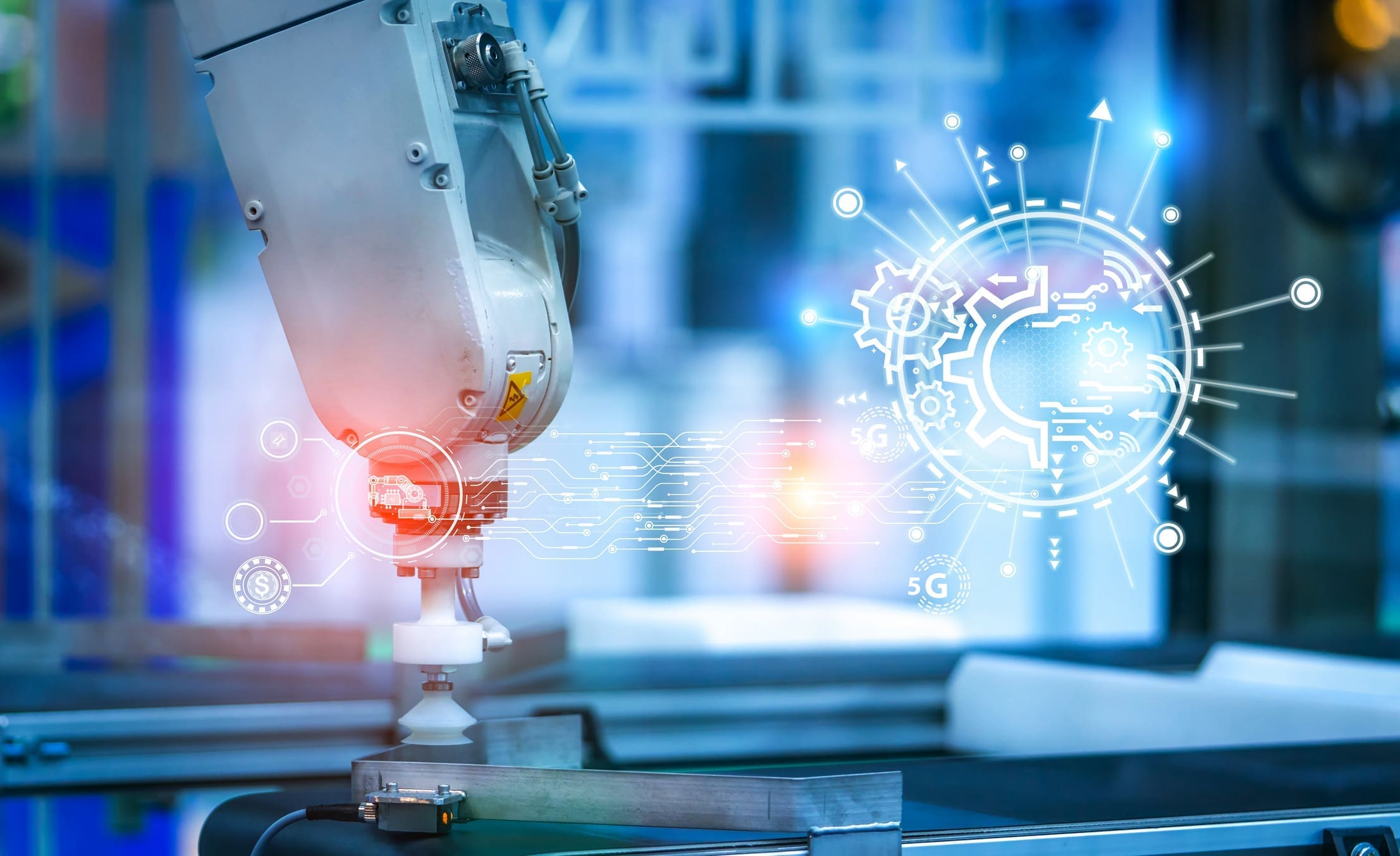 AI-powered robotic hand controls manufacturing processes in factory. Advanced automation and intelligent machine driven by 5G technology for efficient production. Robotic arm powered by AI is at work AI-powered robotic hand controls manufacturing processes in factory. Advanced automation and intelligent machine driven by 5G technology for efficient production. Robotic arm powered by AI is at work